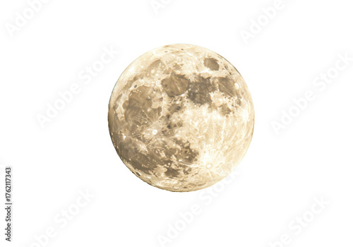 Full moon isolated PNG, detailed lunar surface with craters and shadows, celestial body for astronomy and space exploration