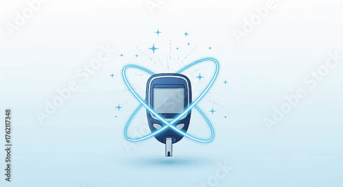 Glucose meter with blue atom symbol on World Diabetes Day against a clean background