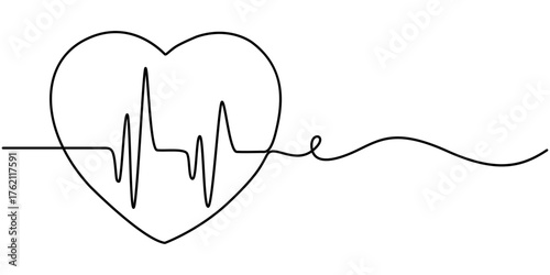 Continuous one line drawing of heart beat, Heart in one continuous line draw illustration. Single line art heart sign. Editable stroke. outline Vector illustration. 