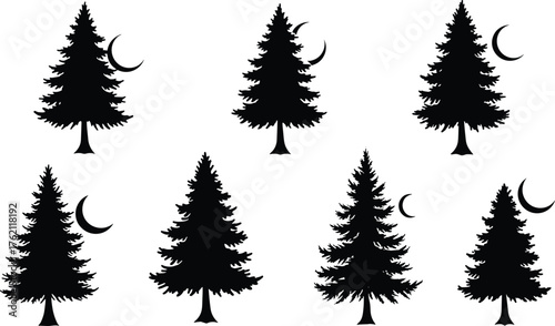 Mystical pine tree silhouettes, crescent moon night scene, forest landscape illustration, nature vector art, seasonal design, tranquil woodland theme