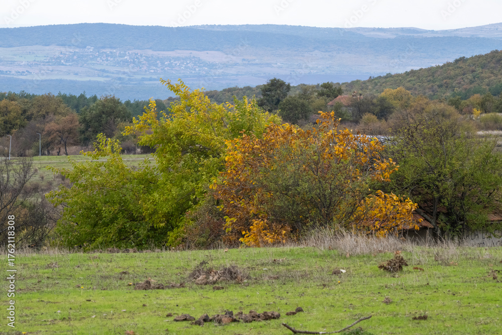 Fototapeta premium A patchwork of autumn trees and open fields stretches toward distant hills and a red-roofed house under a muted sky.