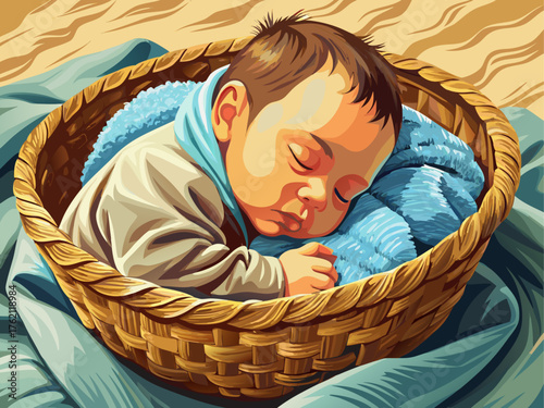Realistic vector illustration of sleeping newborn baby in woven basket with soft blanket, natural light, cozy and peaceful atmosphere, detailed vector art