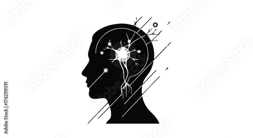 Abstract silhouette of a human head with glowing neuron and digital connections, representing thought and consciousness.