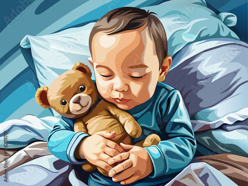 Realistic vector illustration of newborn baby holding small teddy bear, lying on bed, soft light, detailed realistic art, calm and emotional scene