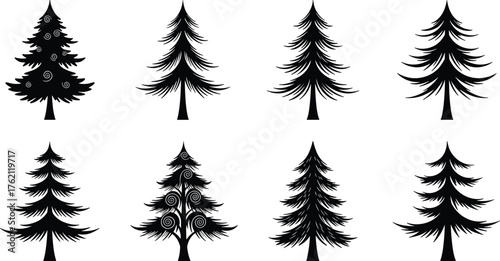Pine tree silhouette set, black forest icons, stylized conifer shapes, festive spiral branches, nature clipart, vector illustration, decoration, design
