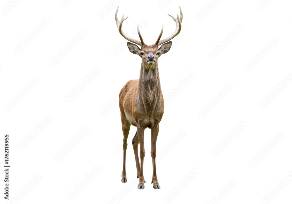 Obraz premium Majestic red deer stag with large antlers isolated PNG, standing tall and proud on transparent background