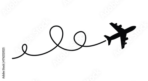 Black airplane with looping flight path travel journey