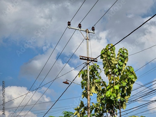Power pole with electric wires and green tree leaves under blue sky with clouds