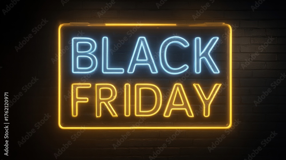 Obraz premium 3D render of a neon Black Friday label on a dark background