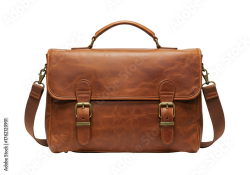 Bild auf Leinwand Brown leather satchel bag isolated, vintage style briefcase with shoulder strap