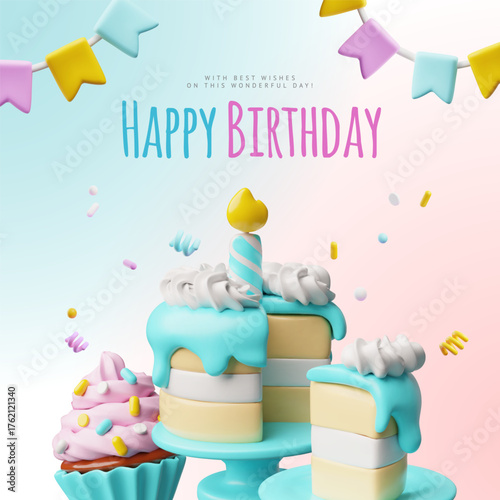 Happy Birthday 3D cartoon plastic style vector card design, Birthday cake with burning candle on a stand and piece