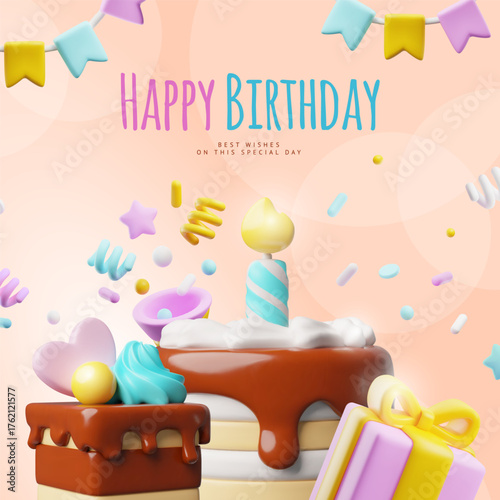 Happy Birthday 3D cartoon vector card design, Birthday cake with burning candle and gift box, celebration dessert treat