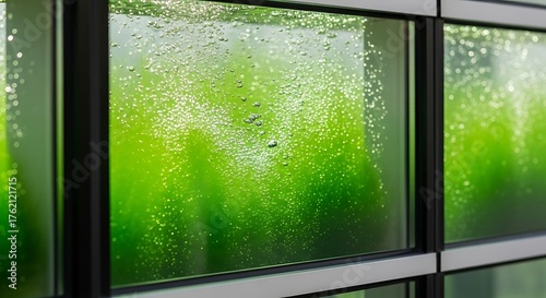 Green algae window panels in modern architecture, Algae-filled glass for energy efficient buildings with bubbling green algae inside