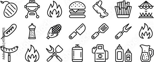 Extensive Set of BBQ and Grill Line Icons, Featuring Food, Tools, and Accessories for Outdoor Cooking, Summer Parties, and Culinary Themes.