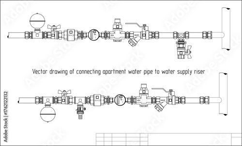 Vector drawing of connecting apartment water pipe
to water supply riser. Connection of a water meter,
ball taps, fittings. Engineering mechanical 
educational industrial design on white paper sheet. 