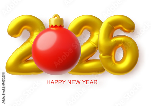 Happy New year 3D vector banner design, realistic golden inflated balloons 2026 text, 3d numbers, red ball decoration