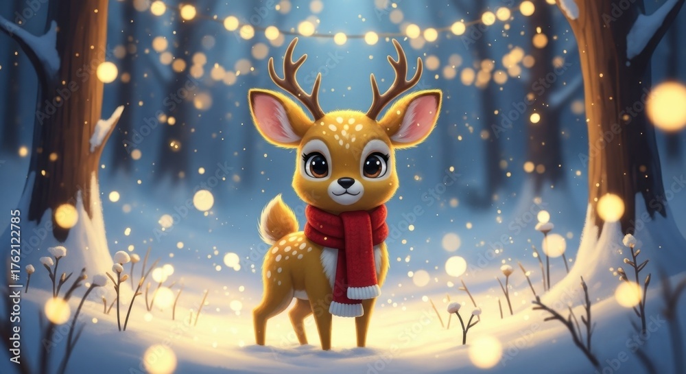 Naklejka premium Charming young deer with delicate antlers and red scarf in snowy forest, warm glowing fairy lights