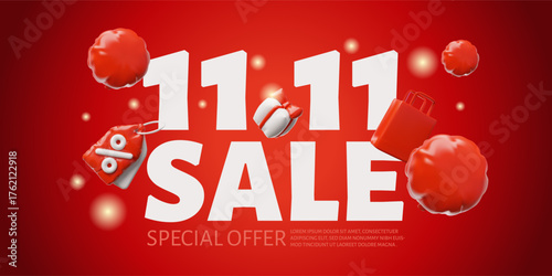 Sale 11.11 special offer 3D cartoon vector marketing banner, gift box, percent tag, shopping bag from inflated balloon