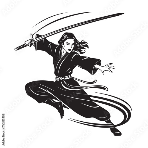 Dynamic illustration of a fierce female warrior in a black gi performing a powerful sword fighting stance with two katana swords