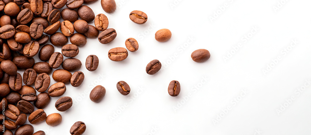 Obraz premium Roasted coffee beans in the air on a white background. Coffee and snack concept.. coffee beans background