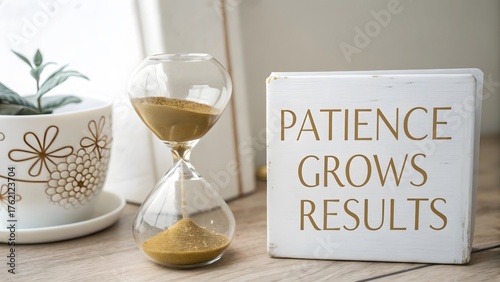 Elegant hourglass with sand flowing next to patience quote