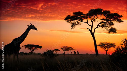 giraffe silhouette at sunset in africa