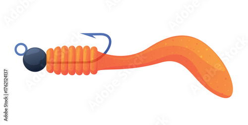 An illustration of a bright orange grub bait with a hook ready to be cast for fishing in fresh or salt water.