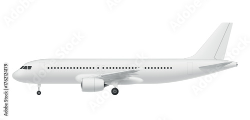 Vector illustration of a passenger airplane in side view showing the fuselage, wings, tail and landing gear on a white background.
