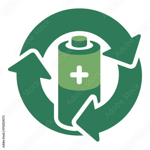 Battery recycling icon green arrows circular symbol for eco sustainability, vector illustration