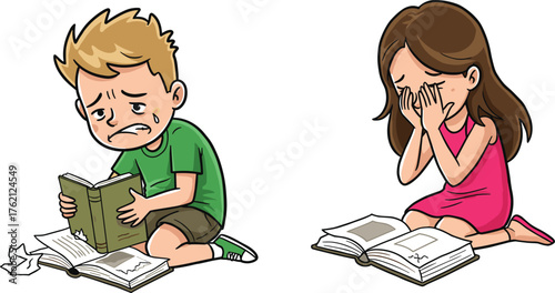 Sad children, overwhelmed by homework, emotional stress, school frustration, studying problems, crying boy, upset girl, learning struggle, education pressure, mental fatigue