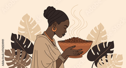 African woman enjoying the aroma of freshly harvested coffee beans, perfect for culinary art projects and cultural presentations