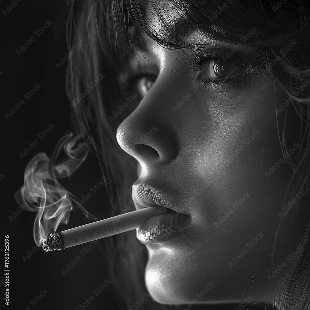 Fototapeta premium Young woman smoking a cigarette with smoke in black and white 