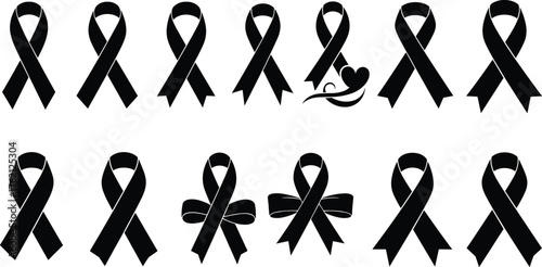 Set of Black Awareness Ribbons with Blue Outlines, Symbolic Vector Illustrations Representing Mourning, Support, and Various Causes, Grief, Cancer.