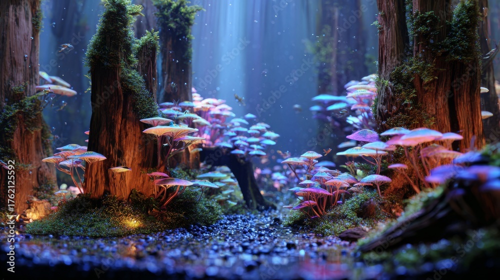 Fototapeta premium Luminescent forest floor scene. Tall trees & colorful fungi glow amongst green moss. Beams of light pierce the mystical atmosphere