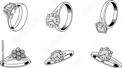 Set of Black and White Line Art Diamond Ring Illustrations, Featuring Engagement, Solitaire, and Cluster Designs, Ideal for Jewelry and Wedding Themes