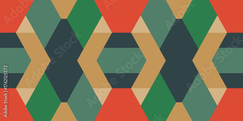 Geometric pattern featuring hexagons, triangles, and trapezoids in earthy and muted color palette design
