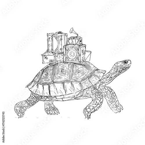 A turtle carrying suitcases and a gramophone on its back in a detailed line drawing style image