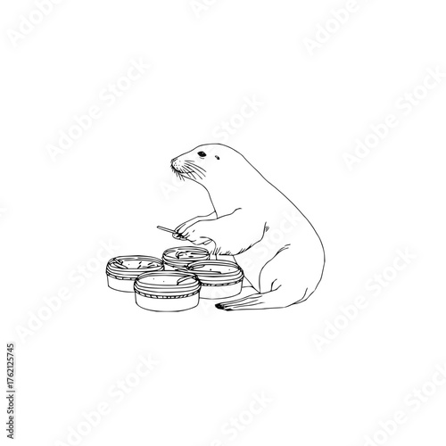 A whimsical line drawing of a seal playing drums on four containers with a drumstick in its flipper