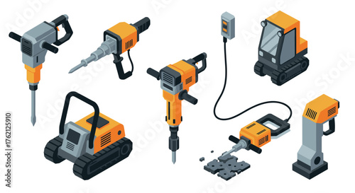 Isometric construction tools set featuring drills and machinery