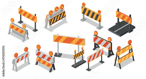 Isometric construction barriers bright orange and black traffic safety equipment collection