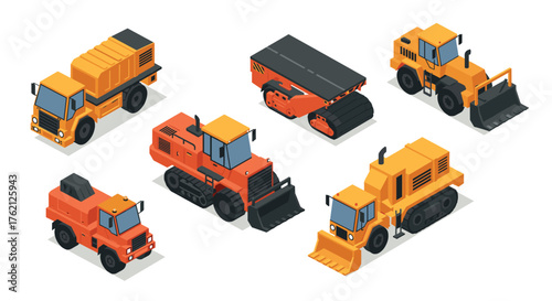 Isometric construction vehicles set bulldozer, dump truck, excavator, grader, road roller