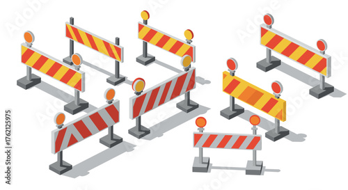 Isometric construction barricades with orange warning lights on white background