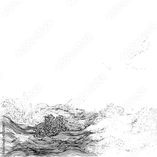 Monochrome illustration of a turbulent sea with waves and a cluster of vegetation in the foreground area