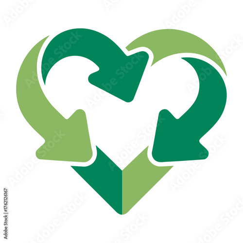 Green Recycle Symbol Heart Shape Concept of Ecology and Sustainability, vector illustration
