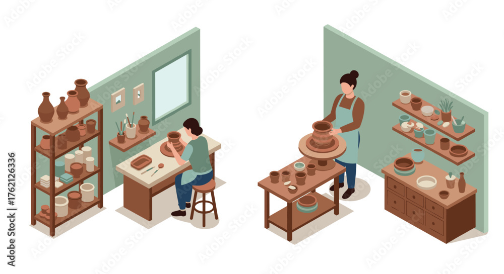Fototapeta premium Isometric pottery studio scene with artists crafting ceramics in workshop