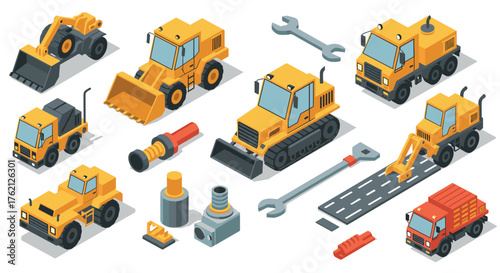 Construction equipment isometric set featuring bulldozers and excavators