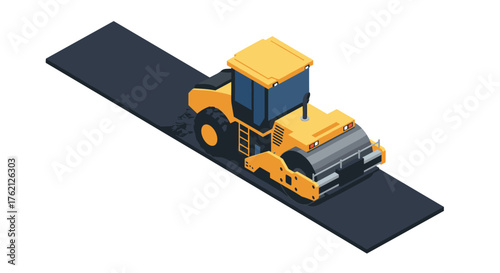 Isometric yellow road roller on fresh asphalt for construction projects
