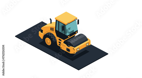 Isometric road roller on freshly paved asphalt surface in minimalist style