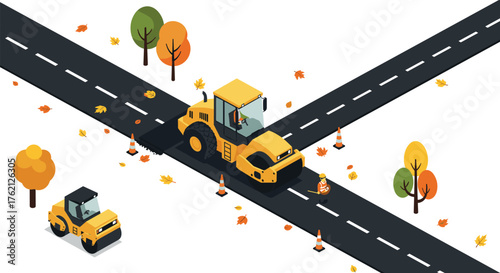 Isometric road construction scene with autumn trees and workers