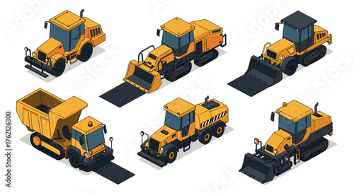 Isometric construction vehicles set on white background